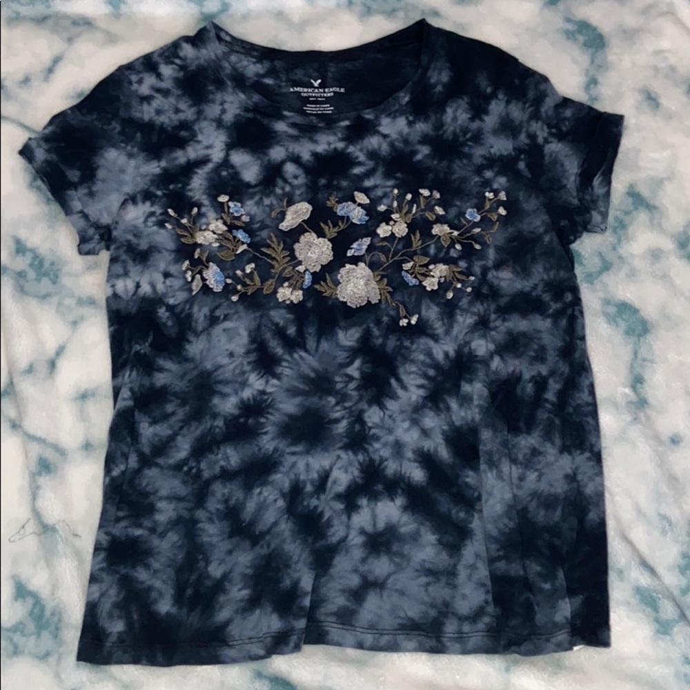Dark Blue tie-dye shirt with flowers stitched on